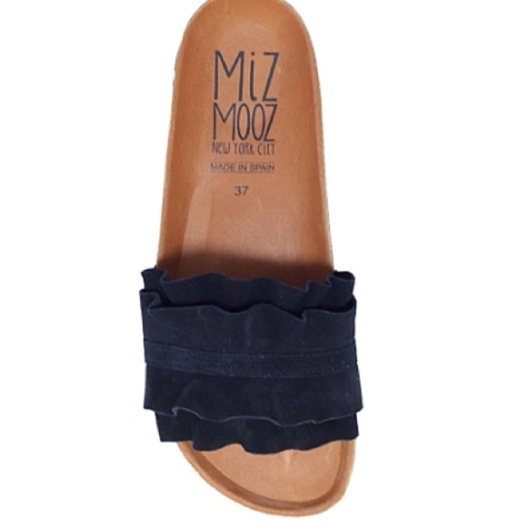Miz Mooz Suede Espadrille Slide Sandals Rocio Navy BluebSize 38 Ruffle Vacation - Picture 1 of 16